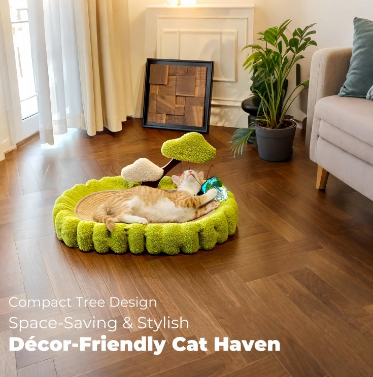 Large Space Tree Scratching Post, Hand Woven Sisal Cat Scratching Bed, Green Small Tree Design Scratching Post & Lounge, Indoor Cat Green 25.6 Inch With Non-Slip Base For Sleeping And Scratching