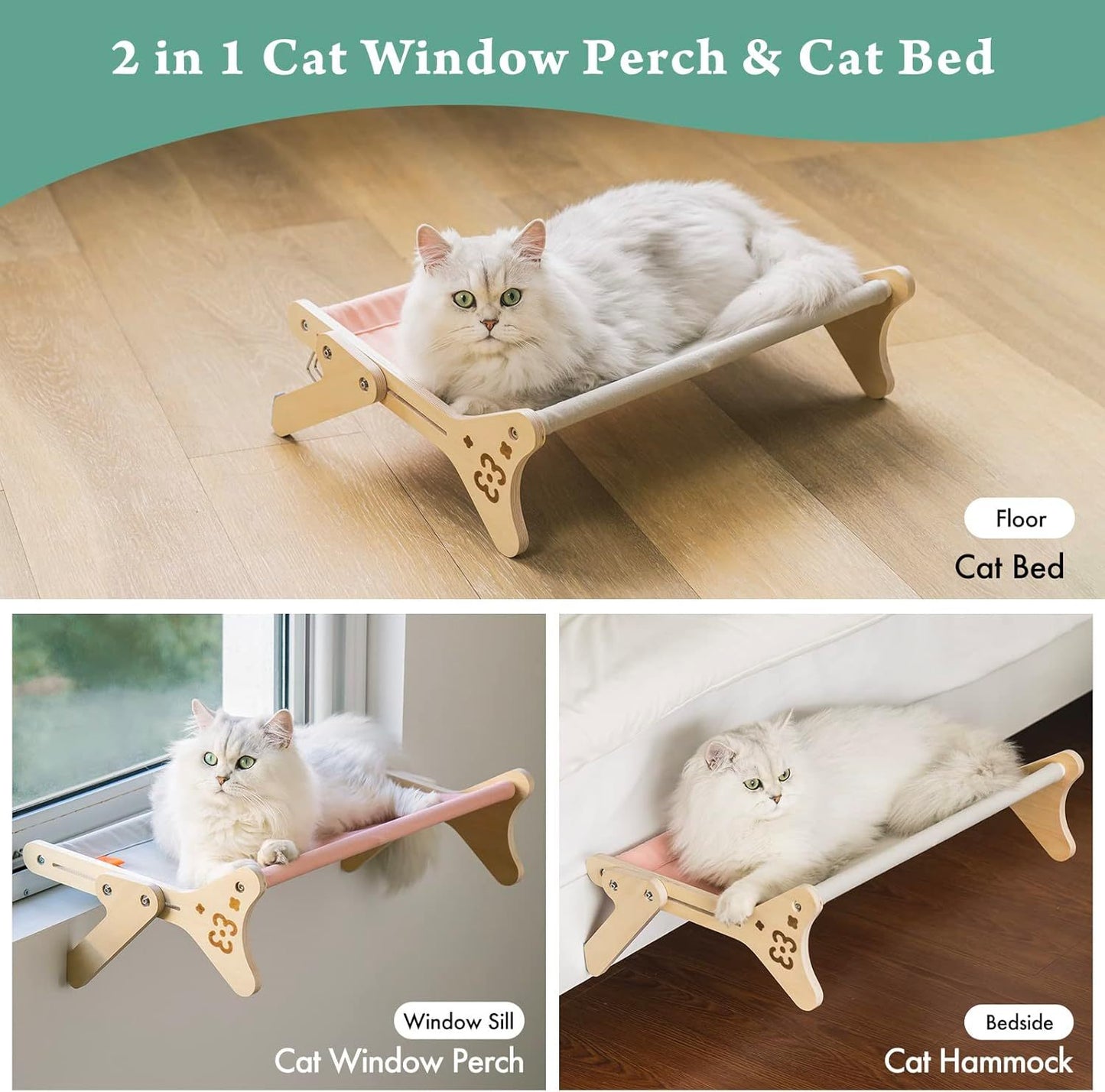Cat Window Perch & Hammock - Adjustable 2-in-1 Sunbathing Seat For Indoor Cats, Sturdy Design Holds 40 Lbs With Washable Cover Pink, Space-Saving